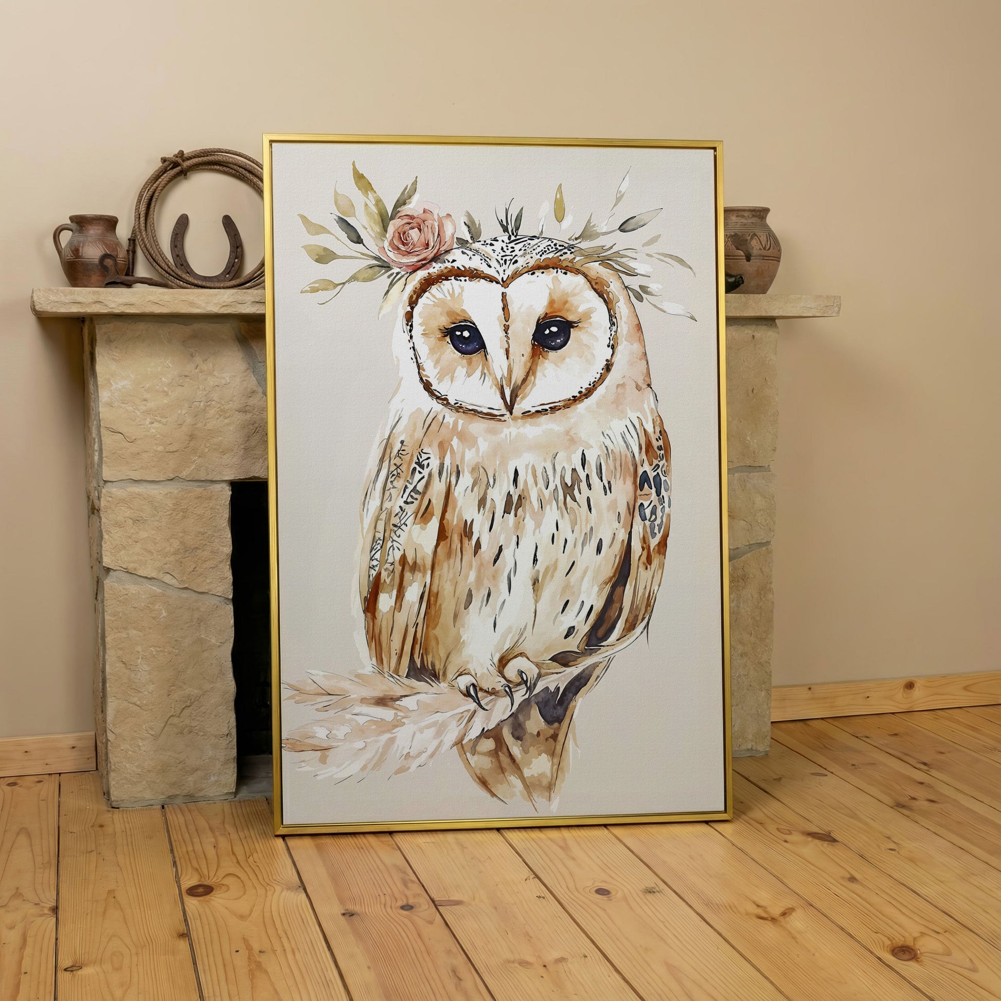 Barn Owl with Floral Crown Watercolor Canvas Art in yellow gold floating frame