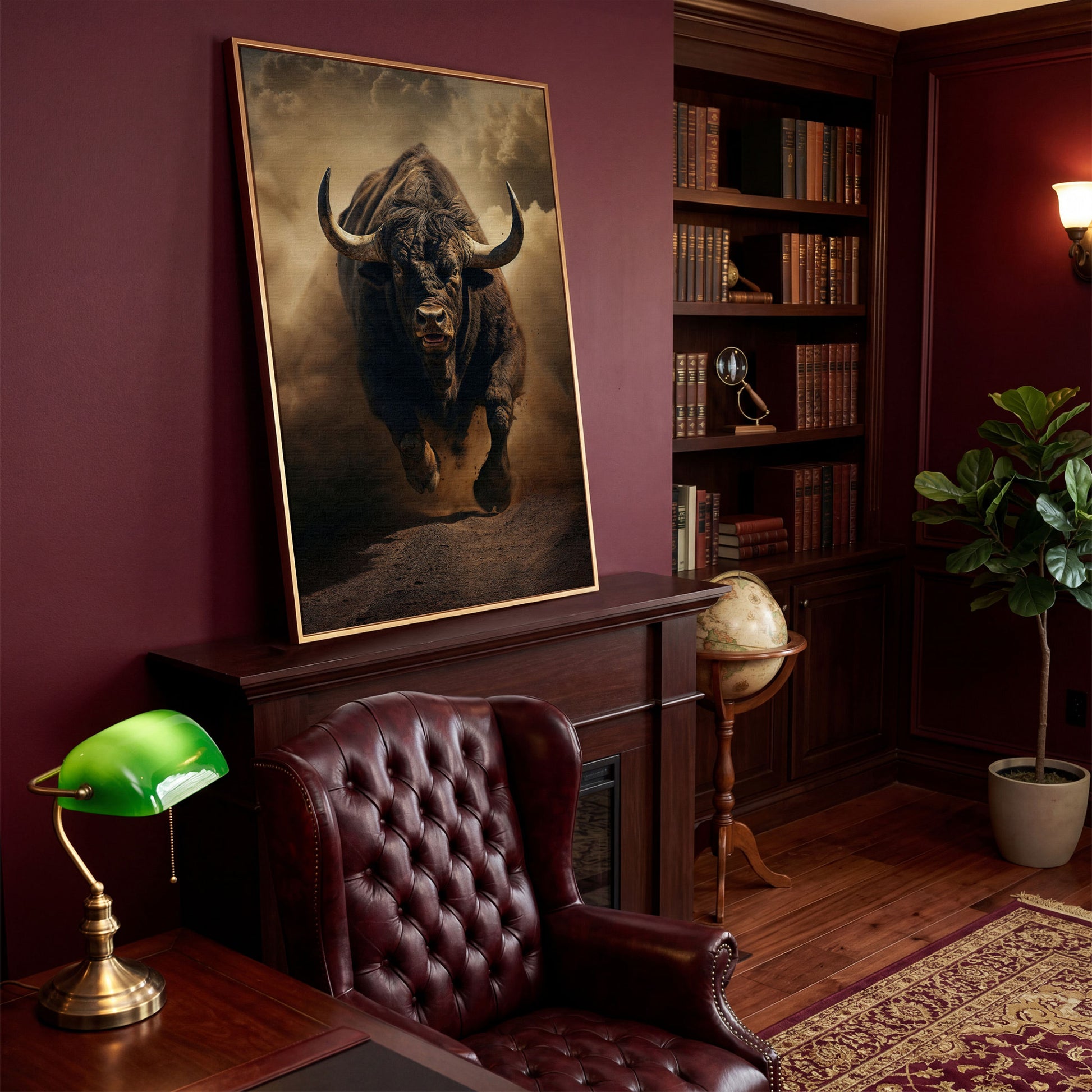 Running Bull Abstract Canvas Print in antique gold floating frame