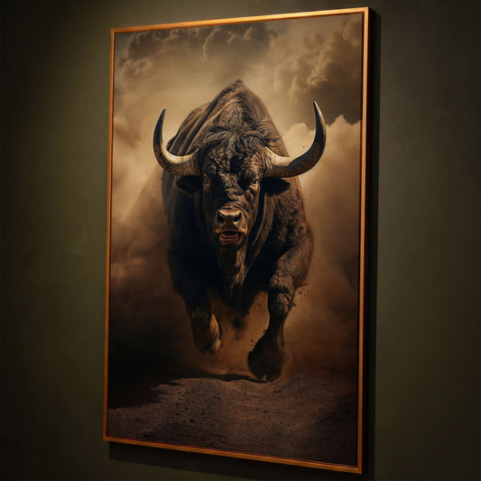 Running Bull Abstract Canvas Print shown in antique gold floating frame