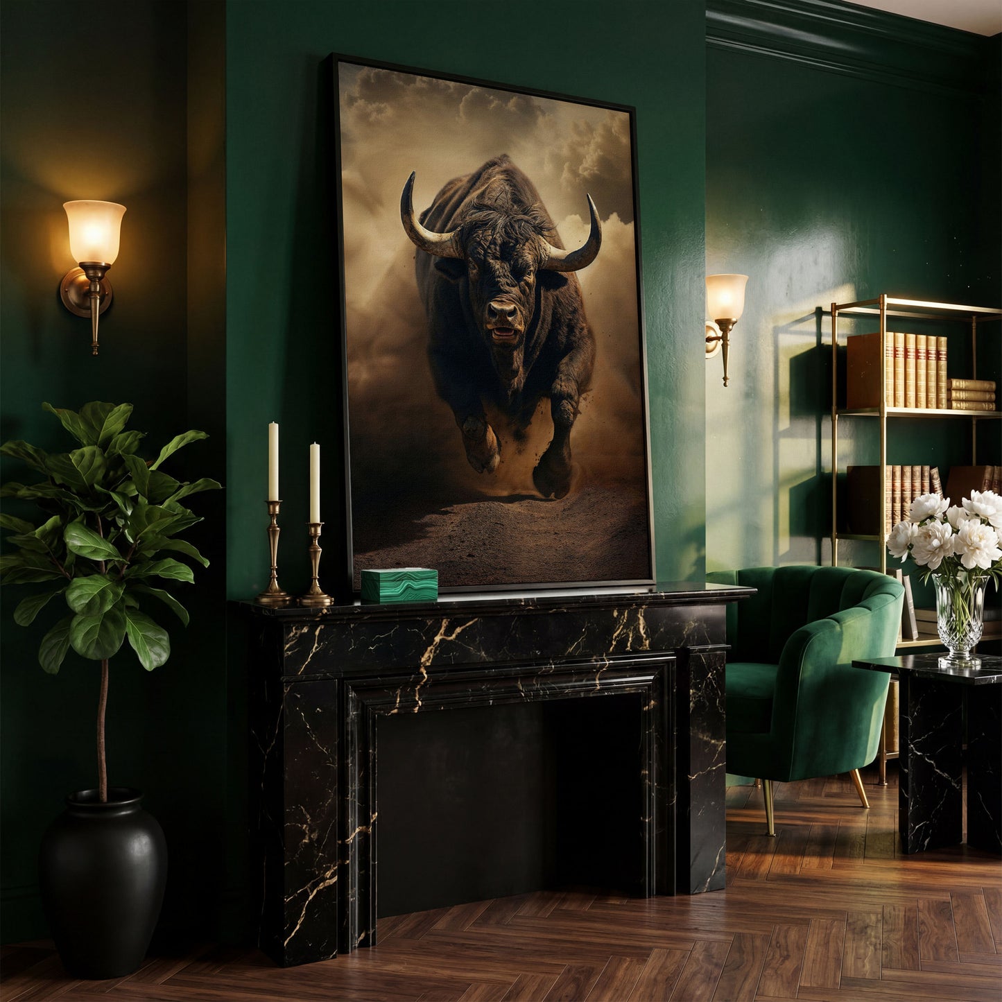 Running Bull Abstract Canvas Print in black floating frame