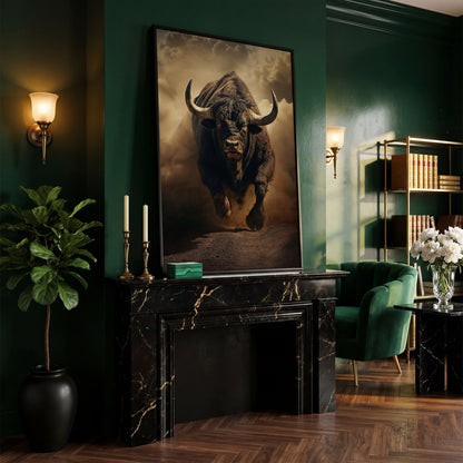 Running Bull Abstract Canvas Print in black floating frame