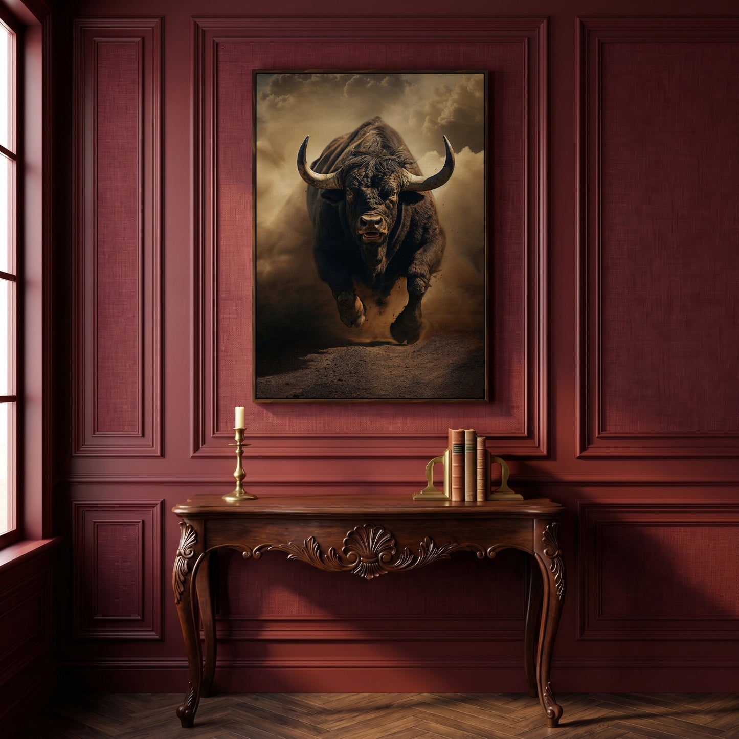 Running Bull Abstract Canvas Print in dark walnut floating frame