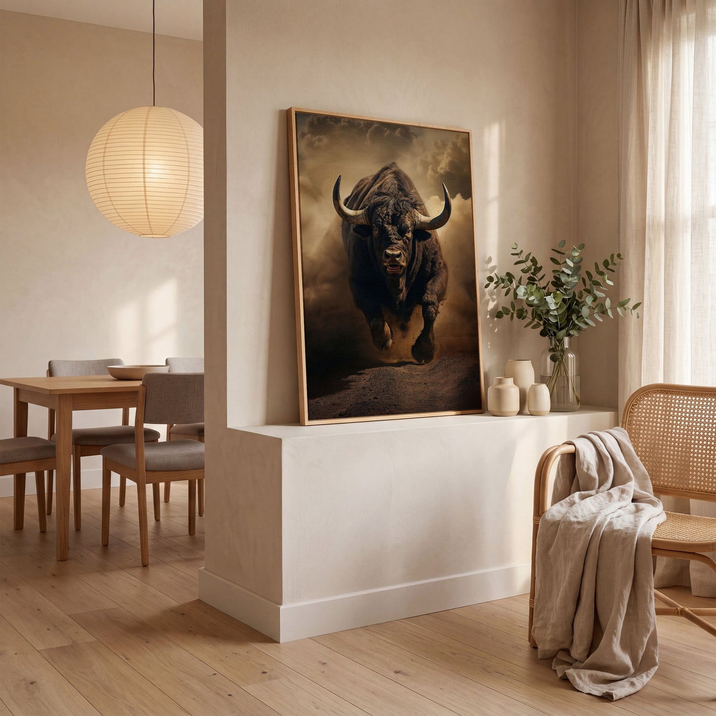 Running Bull Abstract Canvas Print in white oak floating frame