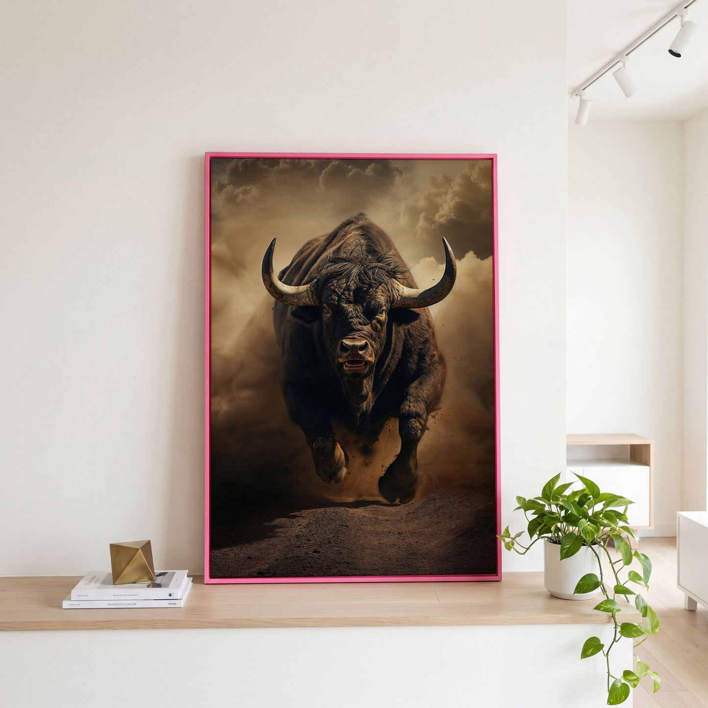Running Bull Abstract Canvas Print in pink floating frame