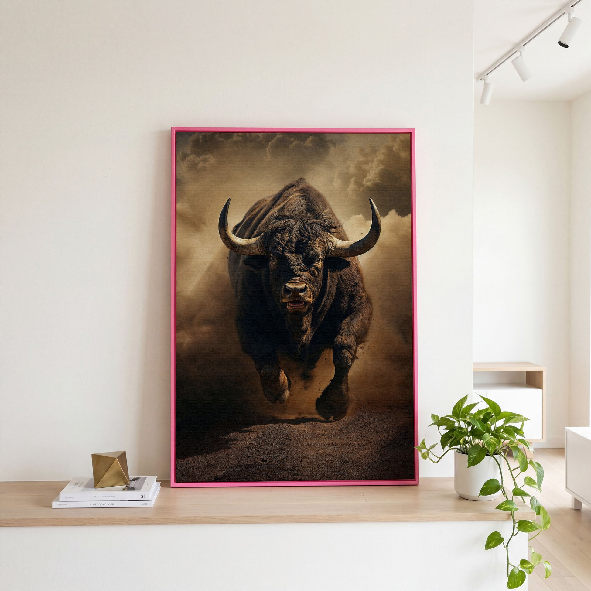 Running Bull Abstract Canvas Print in pink floating frame