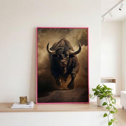 Running Bull Abstract Canvas Print in pink floating frame