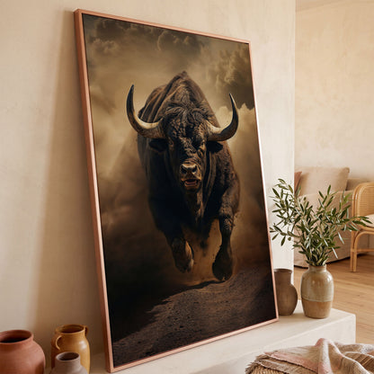 Running Bull Abstract Canvas Print in rose gold floating frame