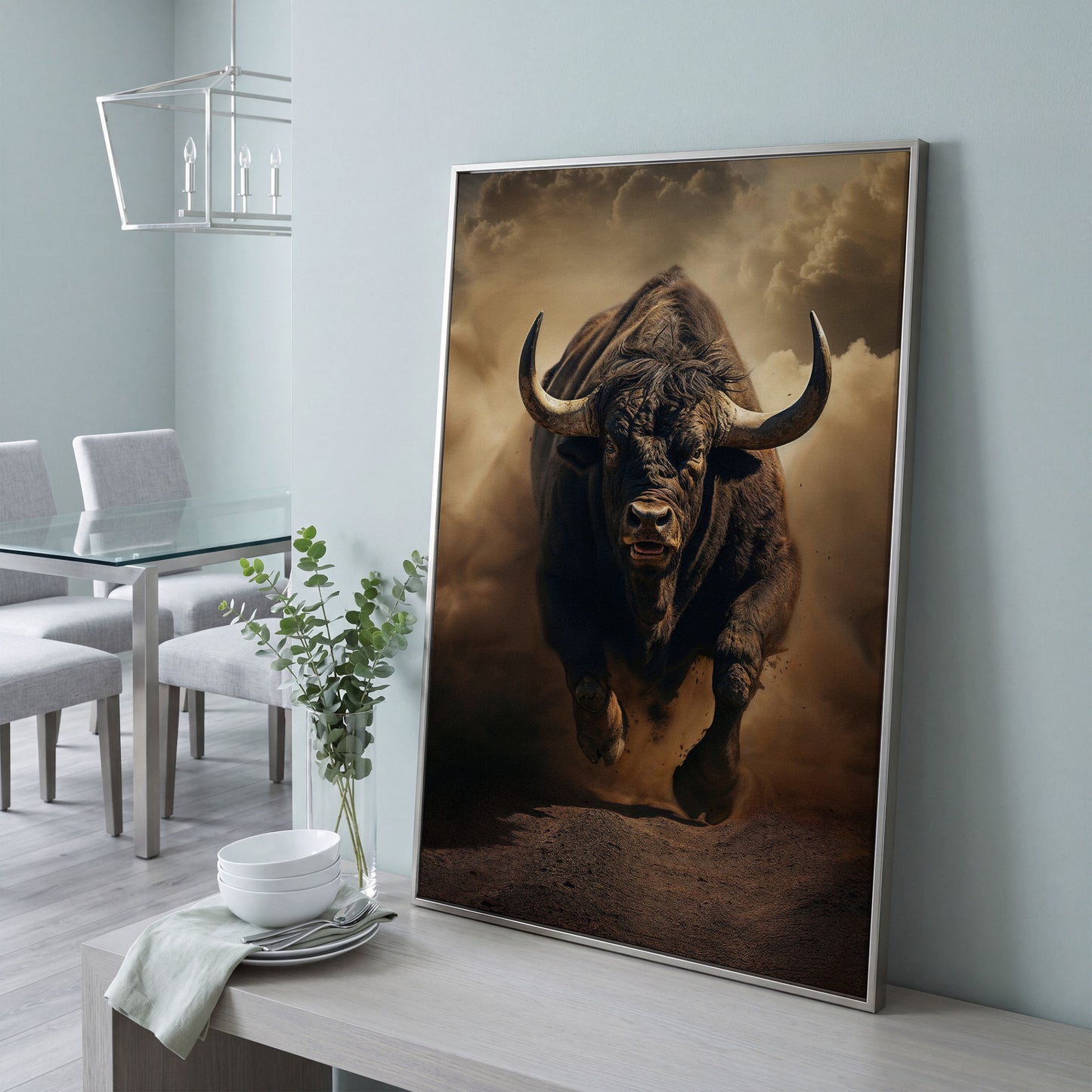 Running Bull Abstract Canvas Print in silver floating frame