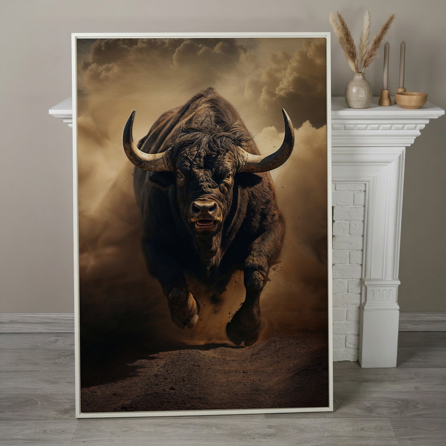 Running Bull Abstract Canvas Print in white floating frame