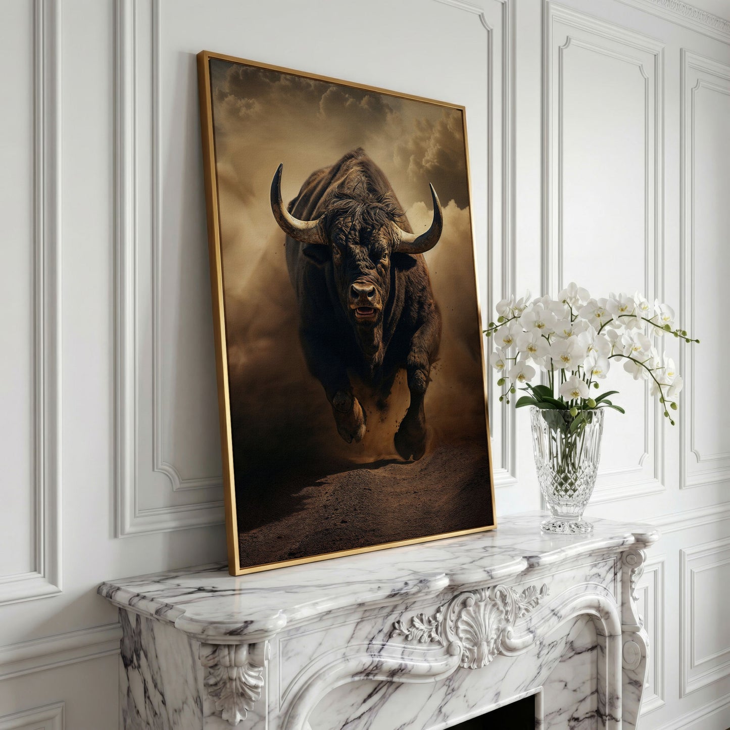 Running Bull Abstract Canvas Print in yellow gold floating frame