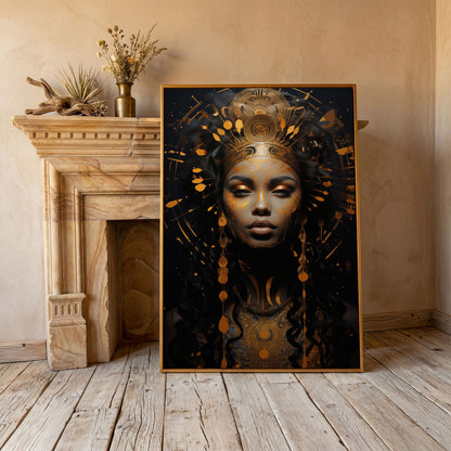 Empowered Beauty: African Woman Portrait Canvas in antique gold floating frame