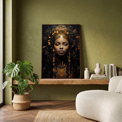 Empowered Beauty: African Woman Portrait Canvas in dark walnut floating frame