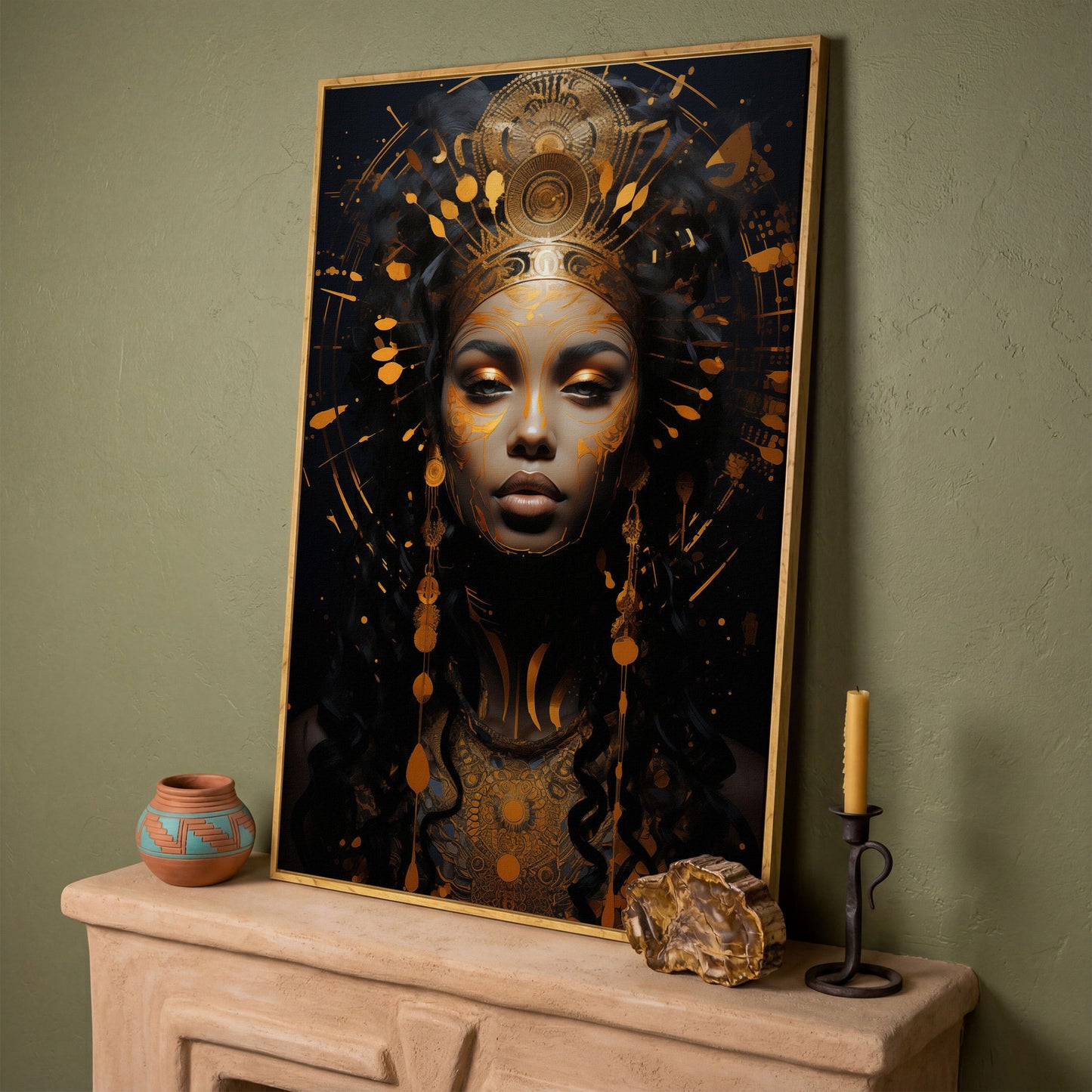 Empowered Beauty: African Woman Portrait Canvas in white oak floating frame