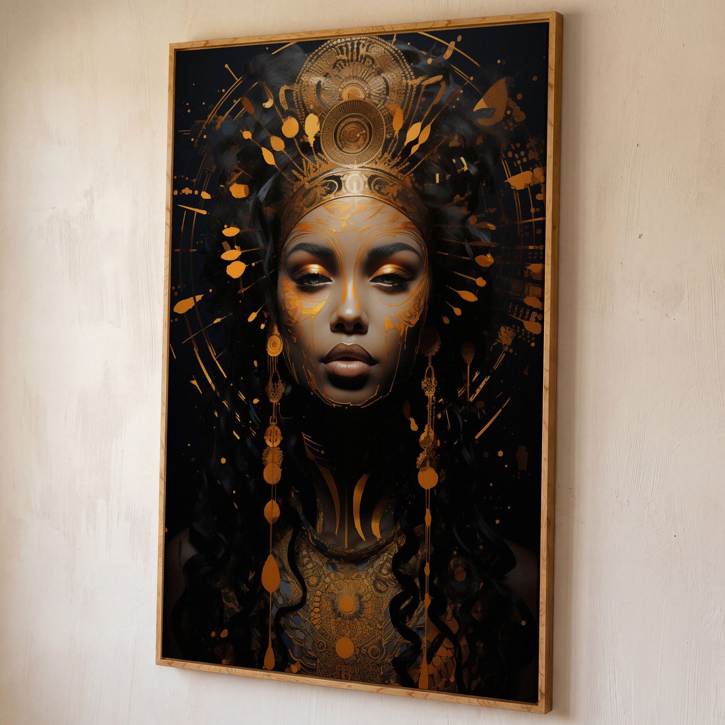 Empowered Beauty: African Woman Portrait Canvas shown in white oak floating frame