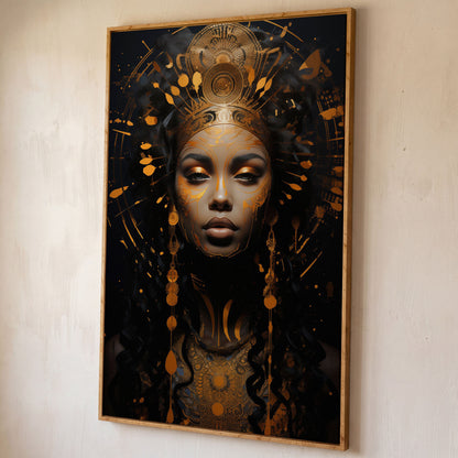 Empowered Beauty: African Woman Portrait Canvas shown in white oak floating frame