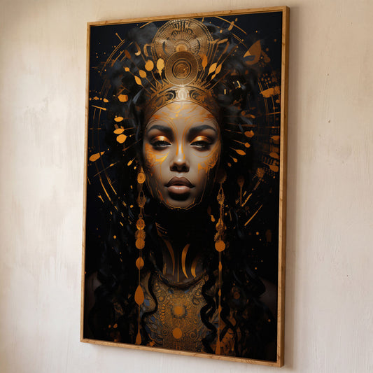 Empowered Beauty: African Woman Portrait Canvas shown in white oak floating frame