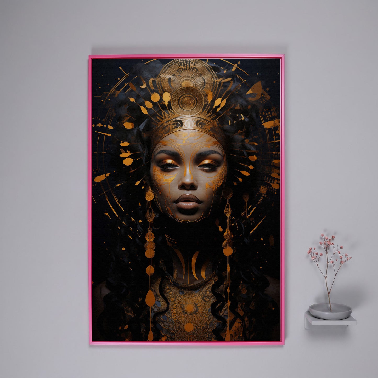 Empowered Beauty: African Woman Portrait Canvas in pink floating frame