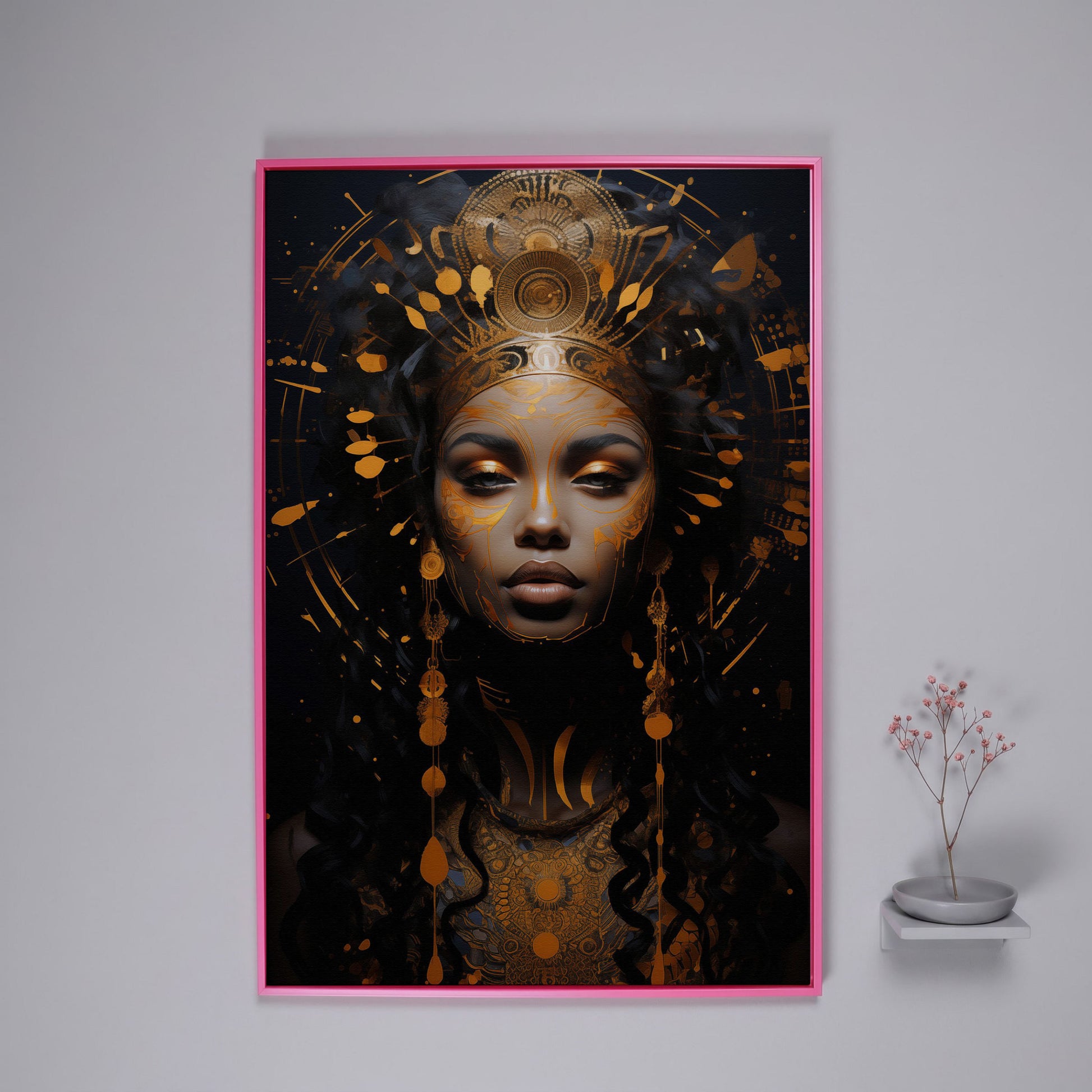 Empowered Beauty: African Woman Portrait Canvas in pink floating frame