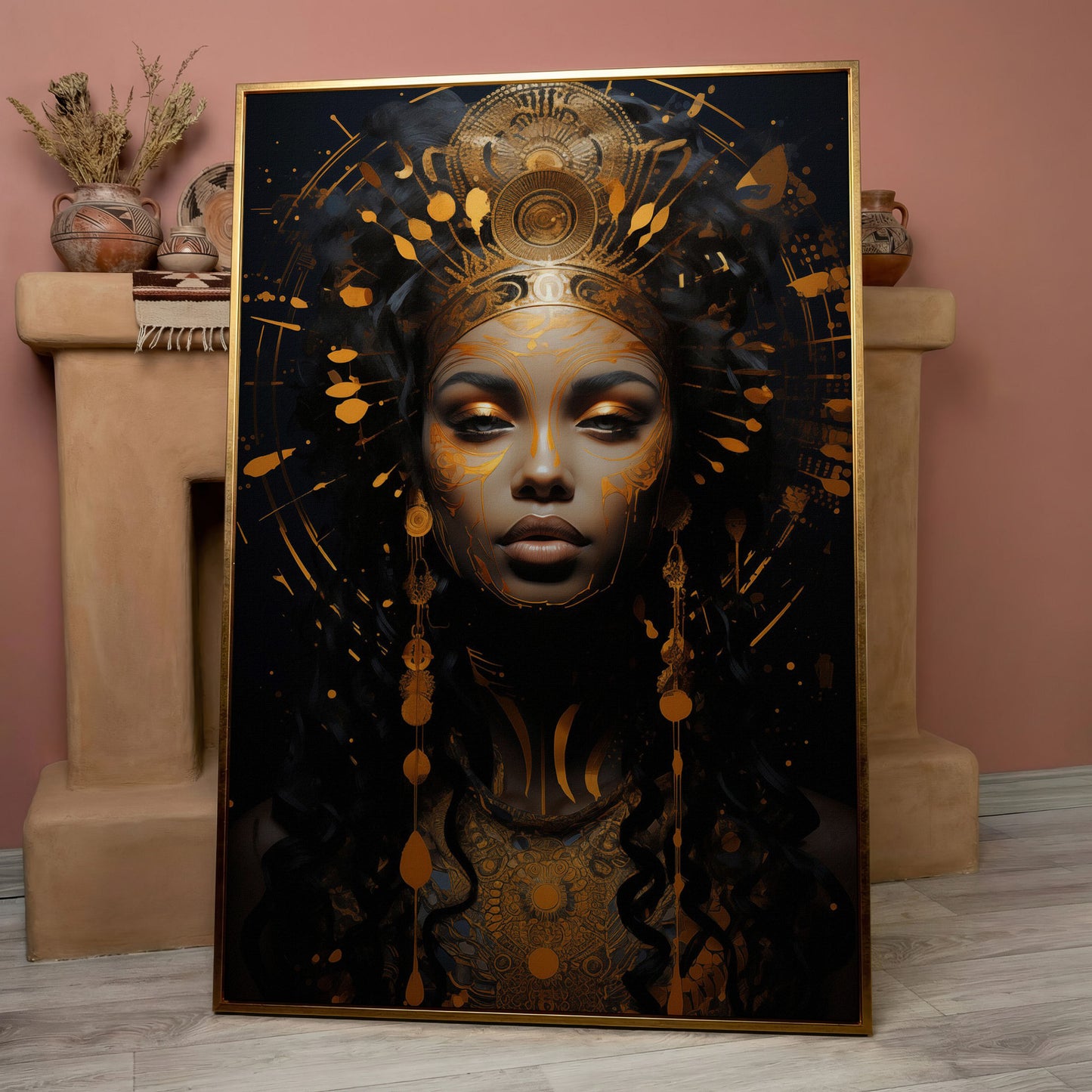 Empowered Beauty: African Woman Portrait Canvas in rose gold floating frame