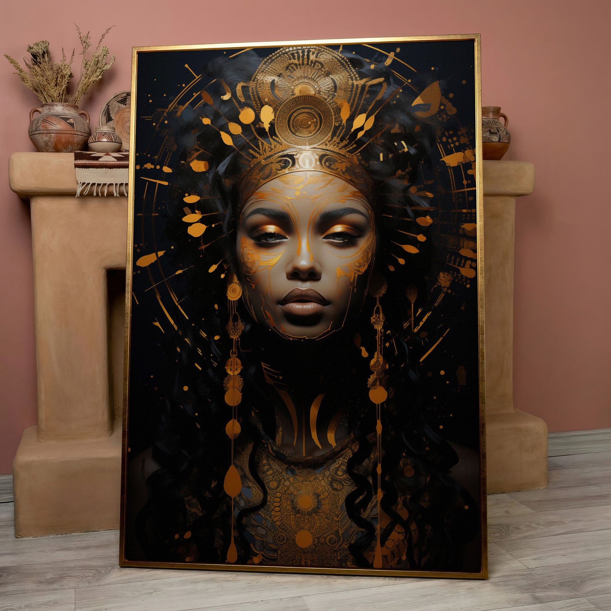 Empowered Beauty: African Woman Portrait Canvas in rose gold floating frame