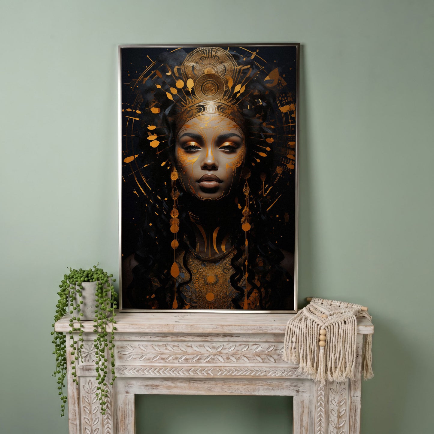 Empowered Beauty: African Woman Portrait Canvas in silver floating frame