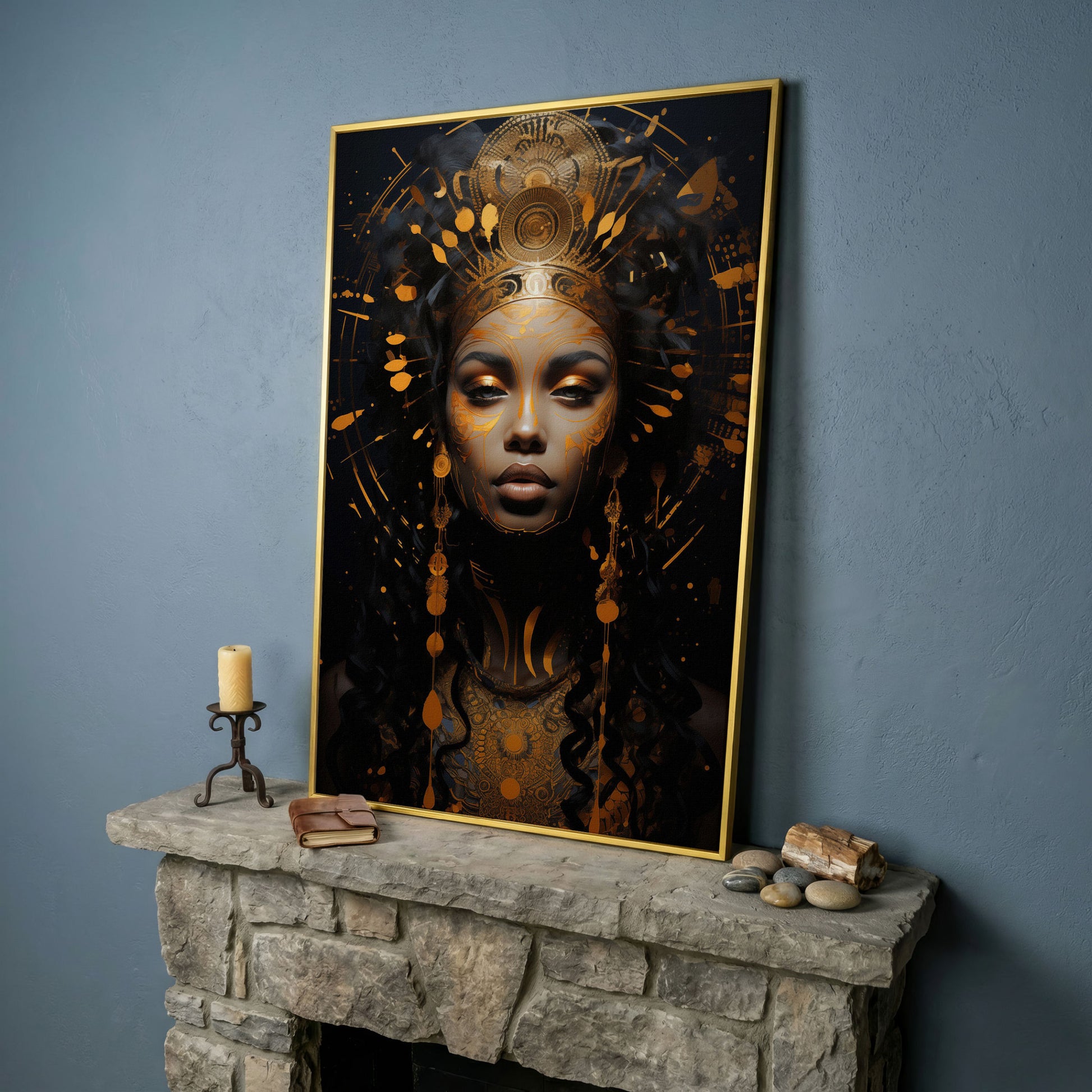 Empowered Beauty: African Woman Portrait Canvas in yellow gold floating frame