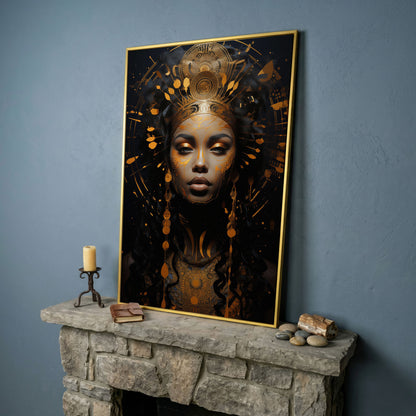Empowered Beauty: African Woman Portrait Canvas in yellow gold floating frame