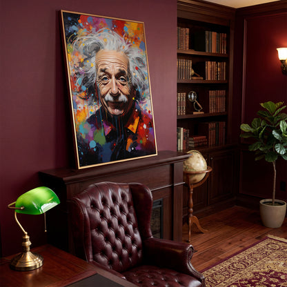 Einstein Pop Art Portrait Canvas in antique gold floating frame
