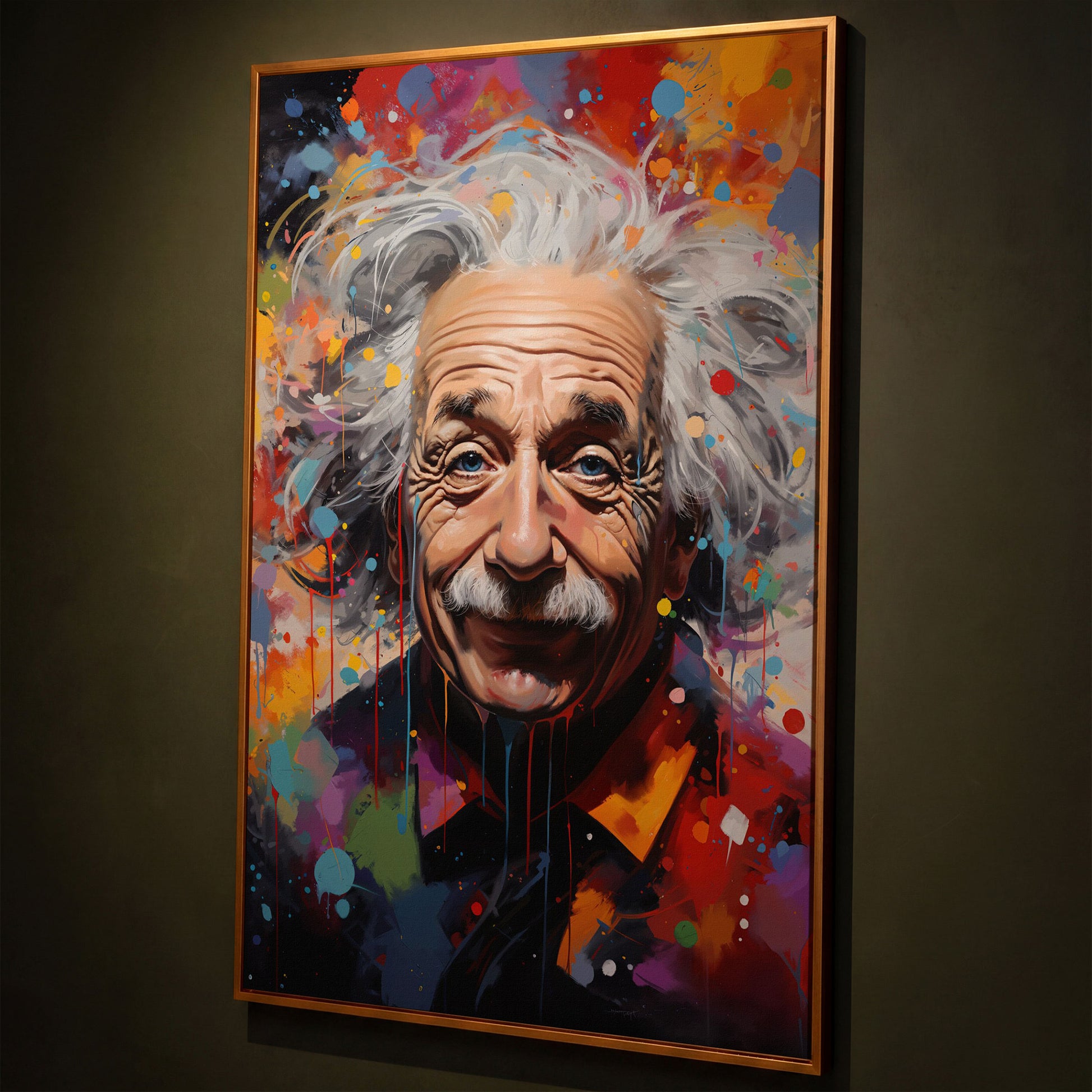 Einstein Pop Art Portrait Canvas shown in antique gold floating frame