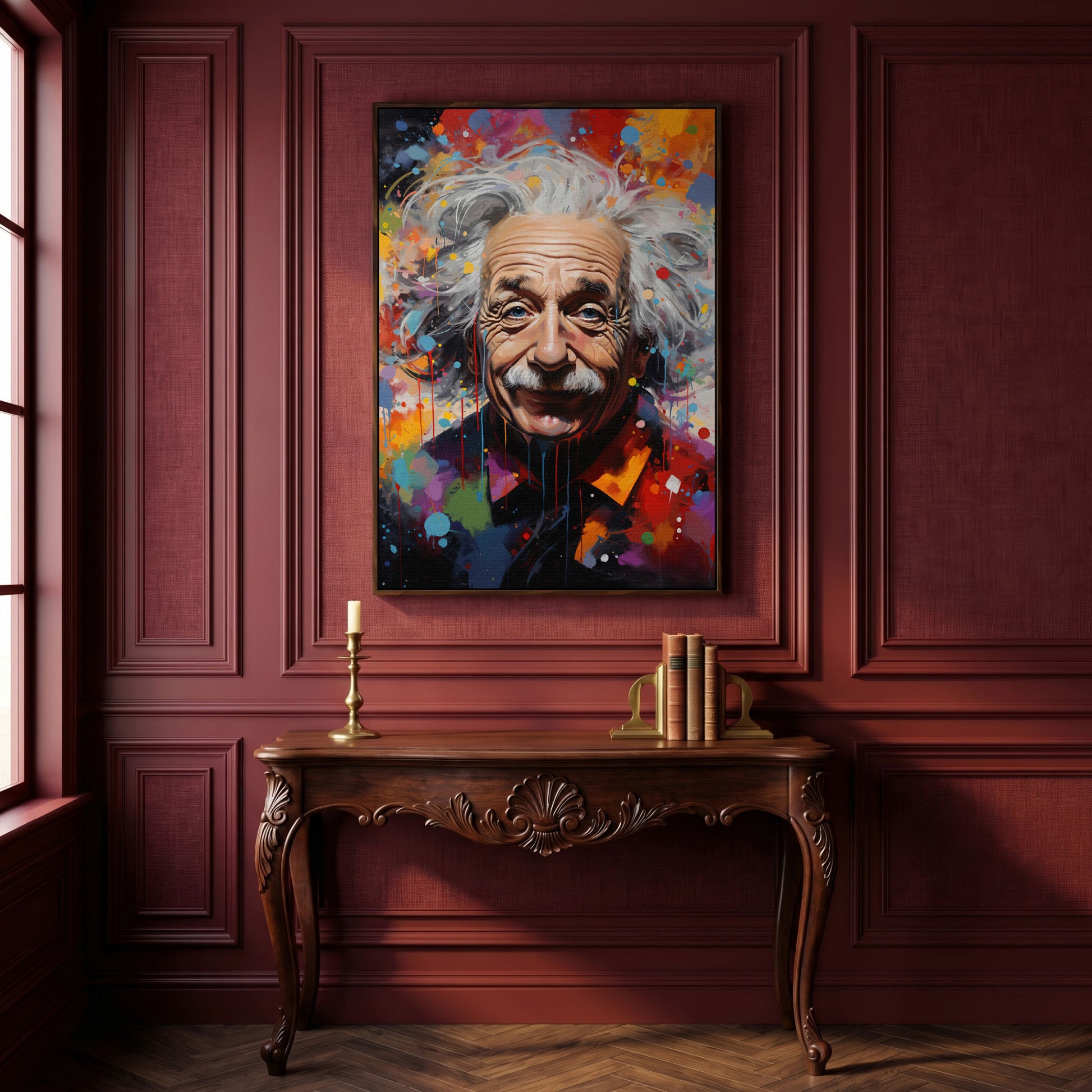 Einstein Pop Art Portrait Canvas in dark walnut floating frame