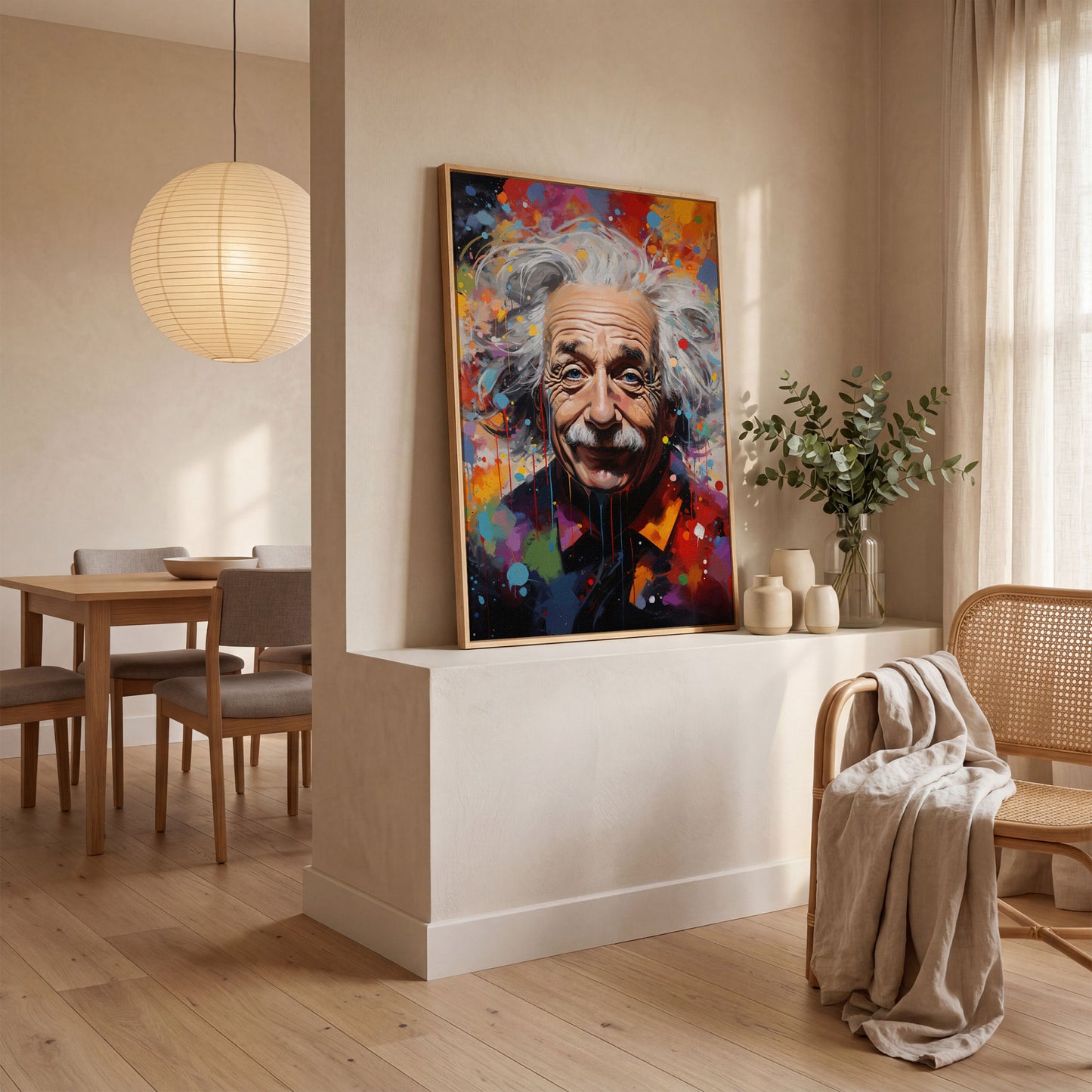 Einstein Pop Art Portrait Canvas in white oak floating frame