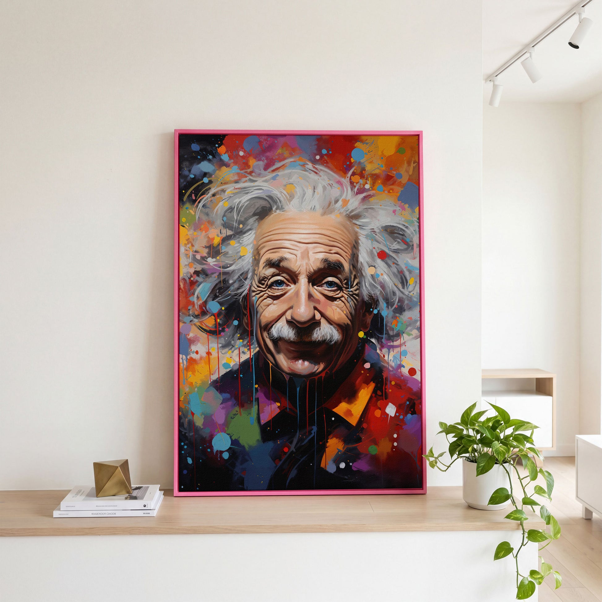 Einstein Pop Art Portrait Canvas in pink floating frame