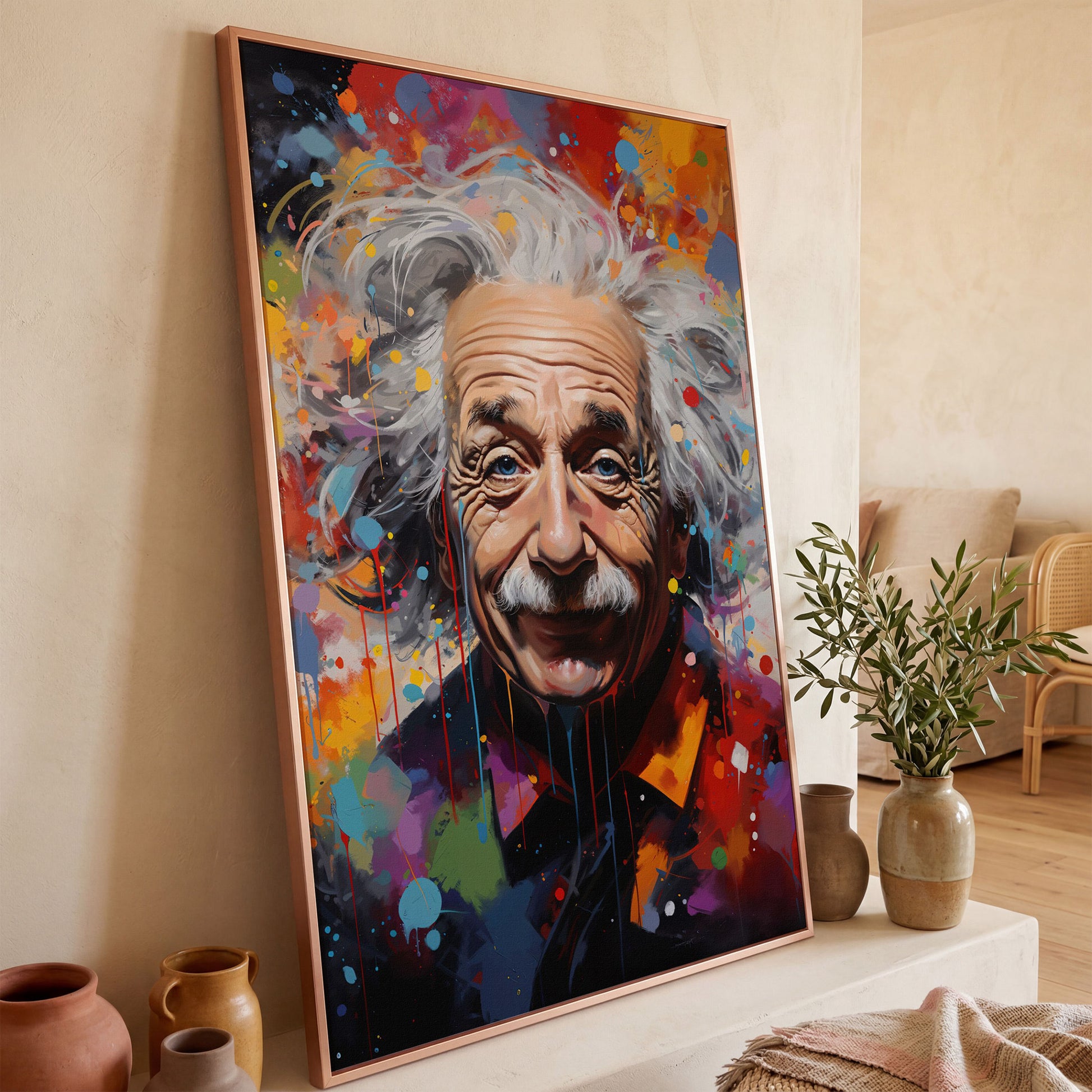 Einstein Pop Art Portrait Canvas in rose gold floating frame