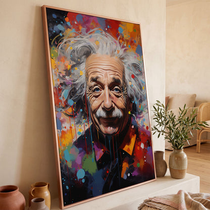 Einstein Pop Art Portrait Canvas in rose gold floating frame