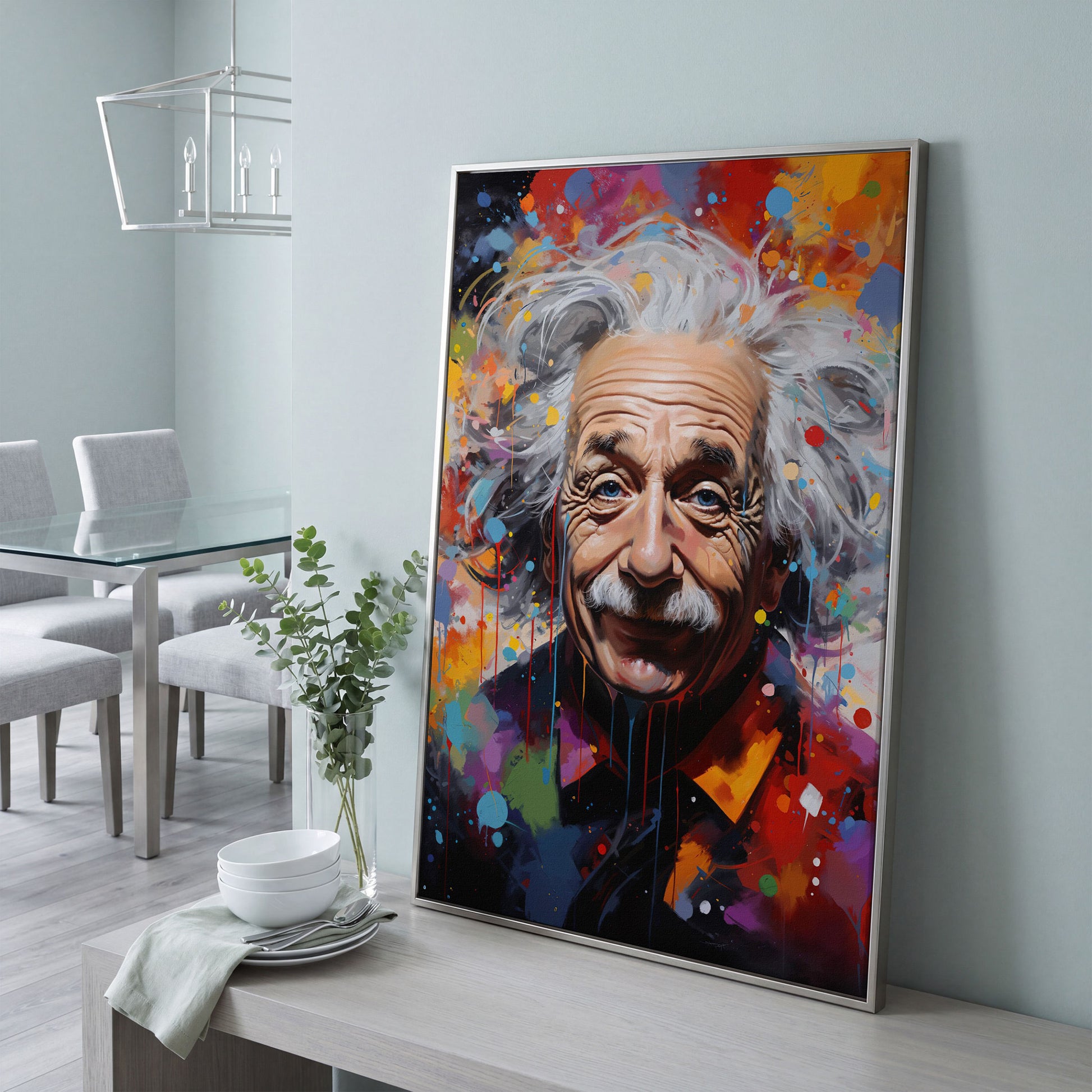 Einstein Pop Art Portrait Canvas in silver floating frame