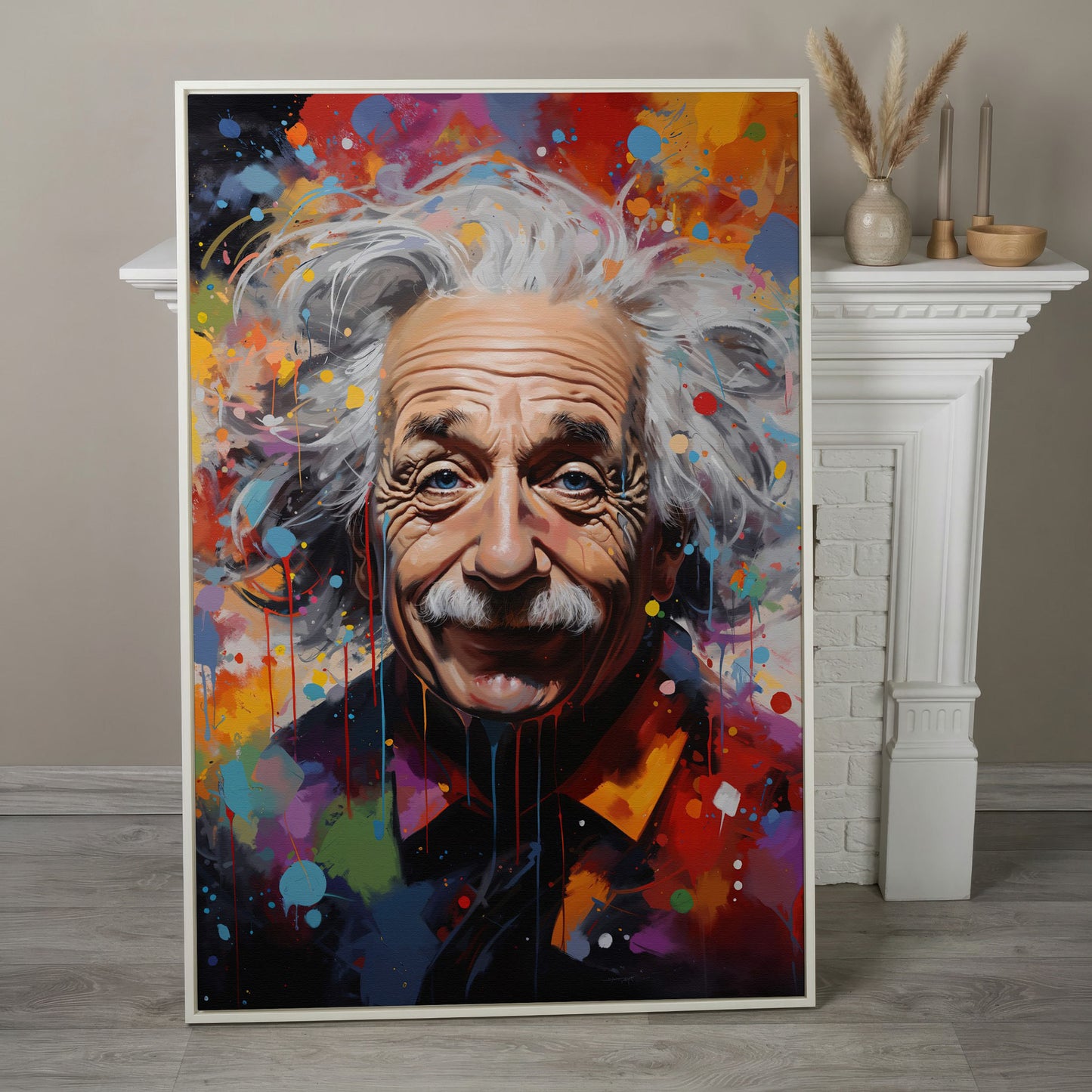 Einstein Pop Art Portrait Canvas in white floating frame