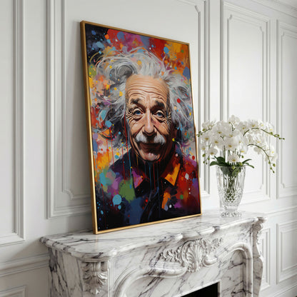 Einstein Pop Art Portrait Canvas in yellow gold floating frame