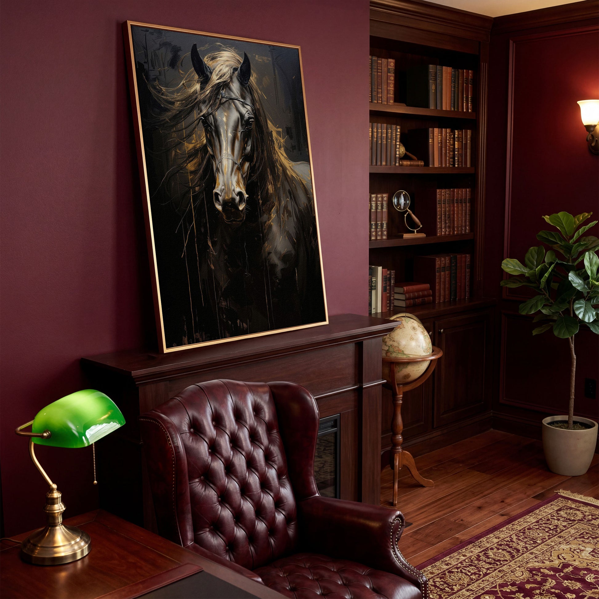 Black & Gold Horse Head Canvas Print in antique gold floating frame