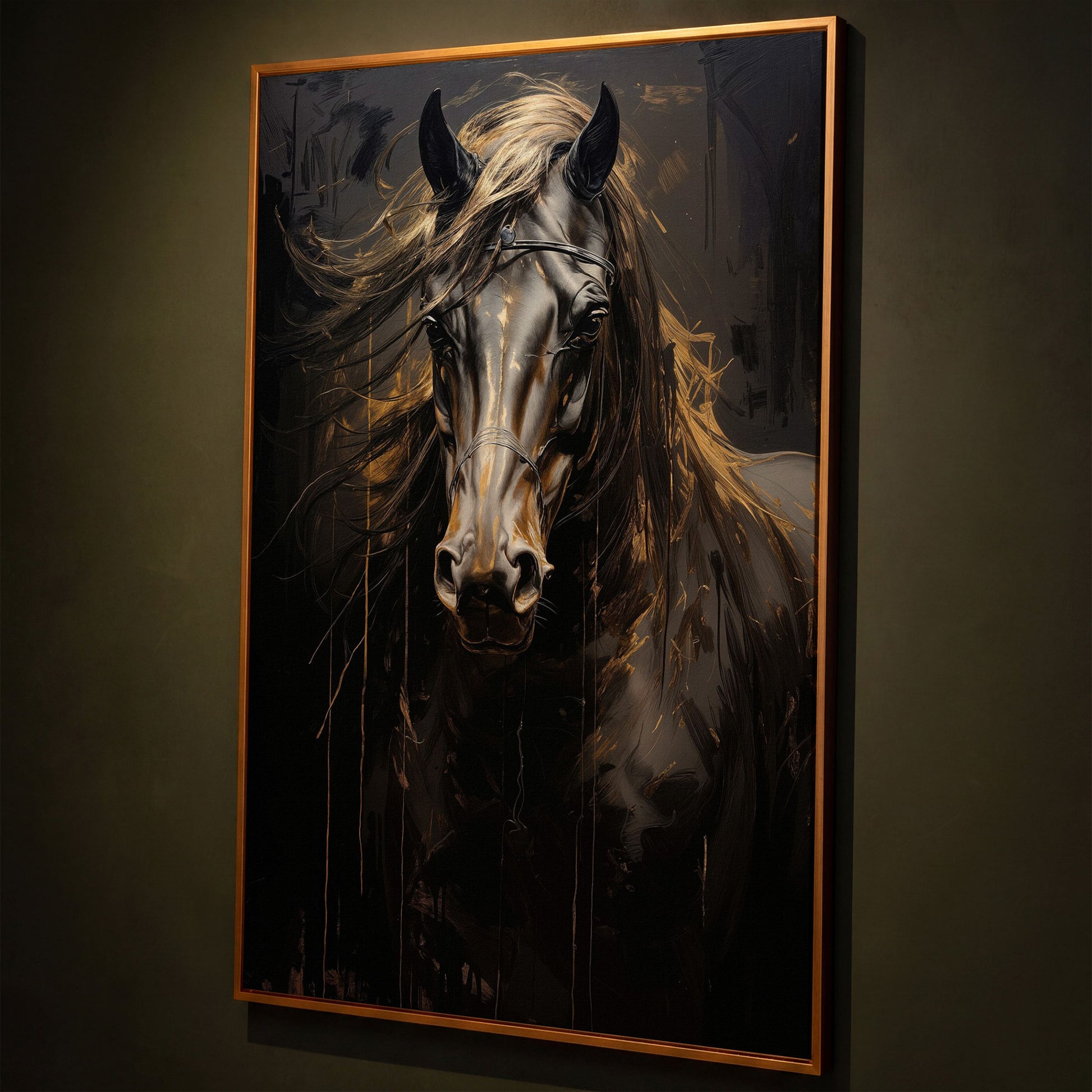 Black & Gold Horse Head Canvas Print shown in antique gold floating frame