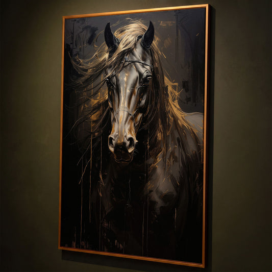 Black & Gold Horse Head Canvas Print shown in antique gold floating frame