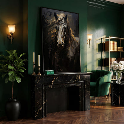 Black & Gold Horse Head Canvas Print in black floating frame