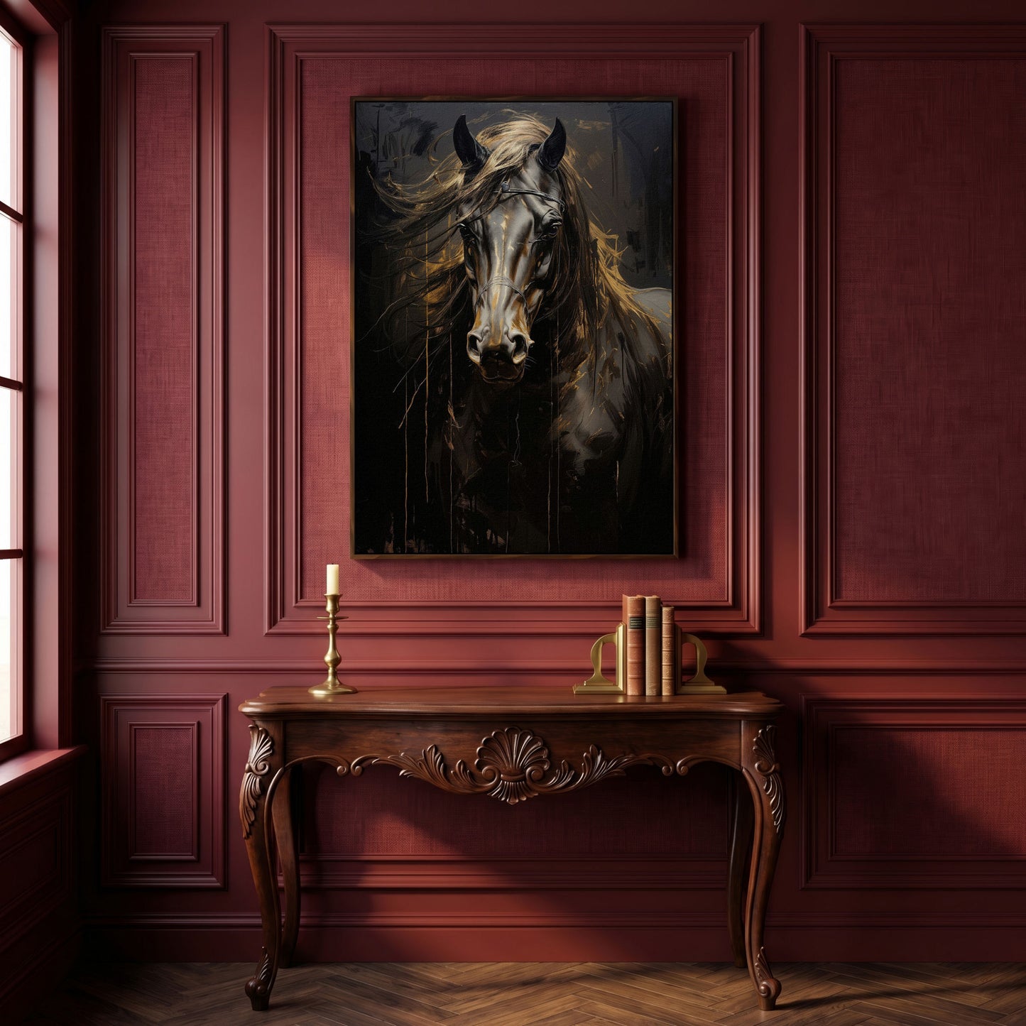 Black & Gold Horse Head Canvas Print in dark walnut floating frame