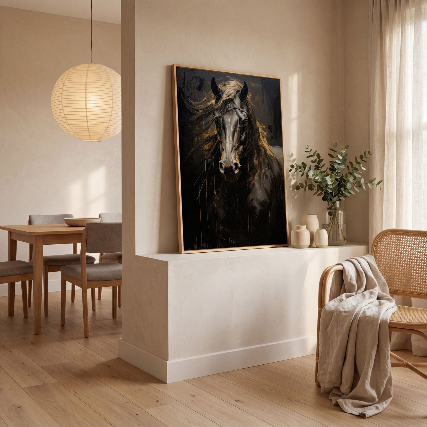 Black & Gold Horse Head Canvas Print in white oak floating frame
