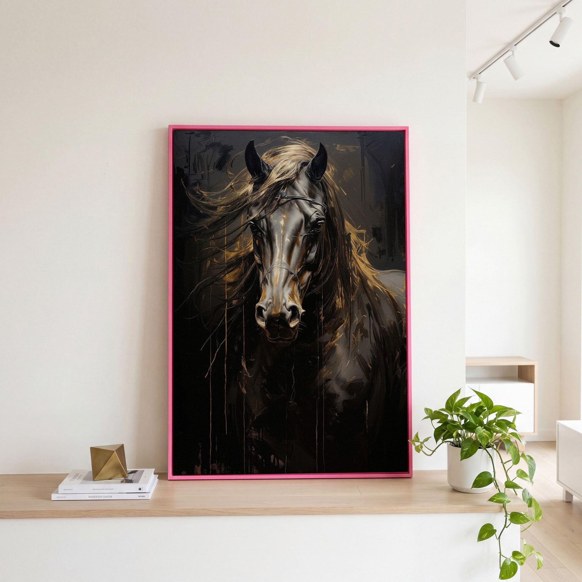 Black & Gold Horse Head Canvas Print in pink floating frame