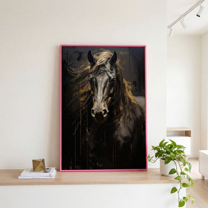 Black & Gold Horse Head Canvas Print in pink floating frame