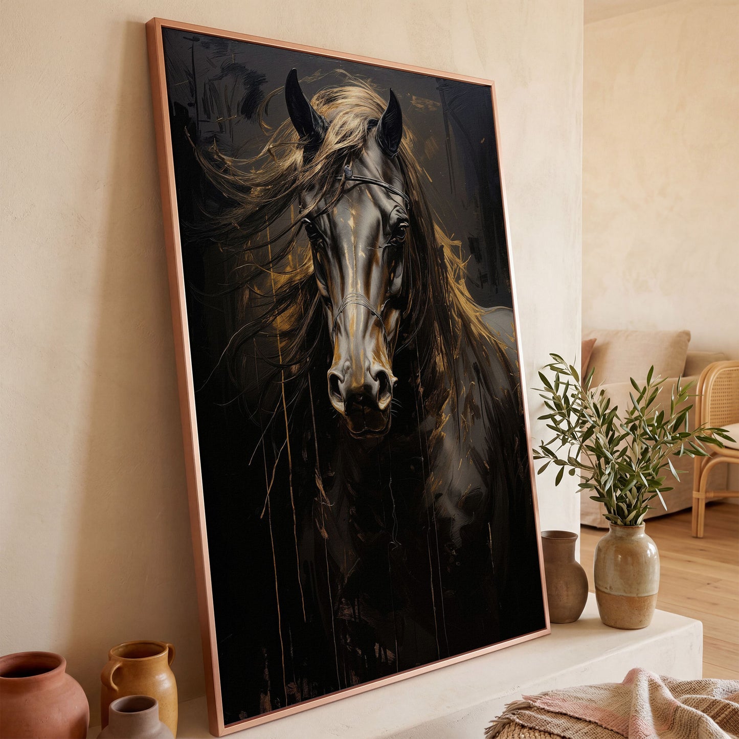 Black & Gold Horse Head Canvas Print in rose gold floating frame