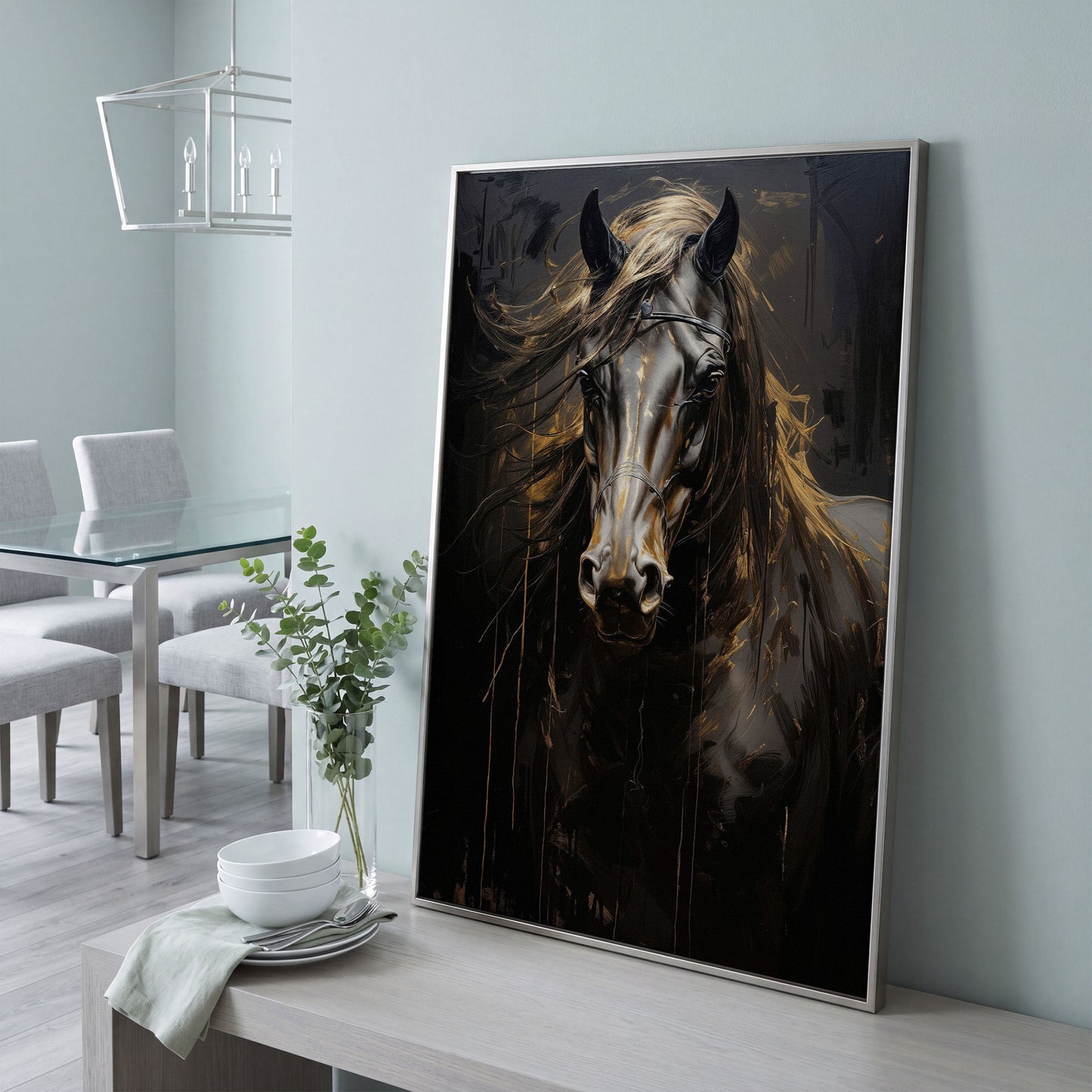 Black & Gold Horse Head Canvas Print in silver floating frame
