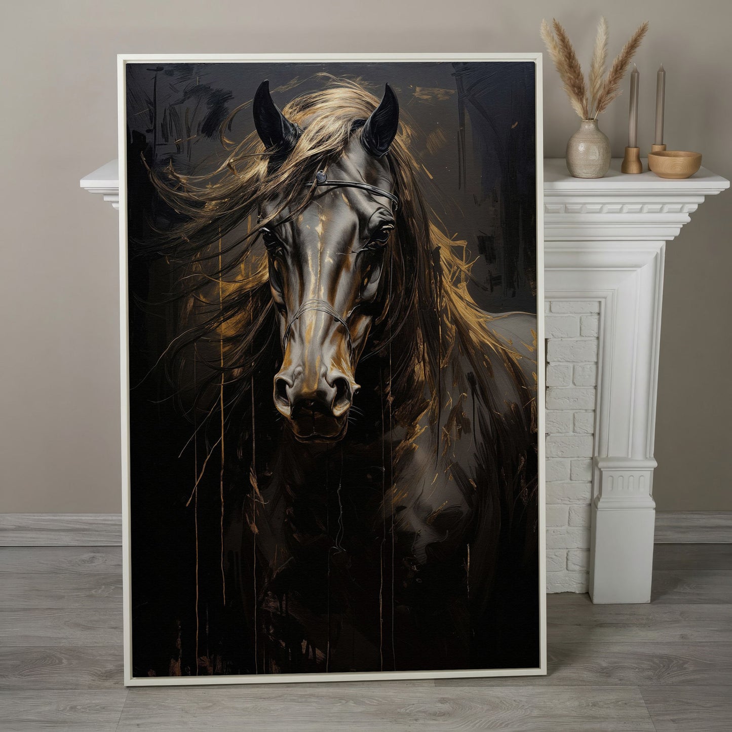 Black & Gold Horse Head Canvas Print in white floating frame