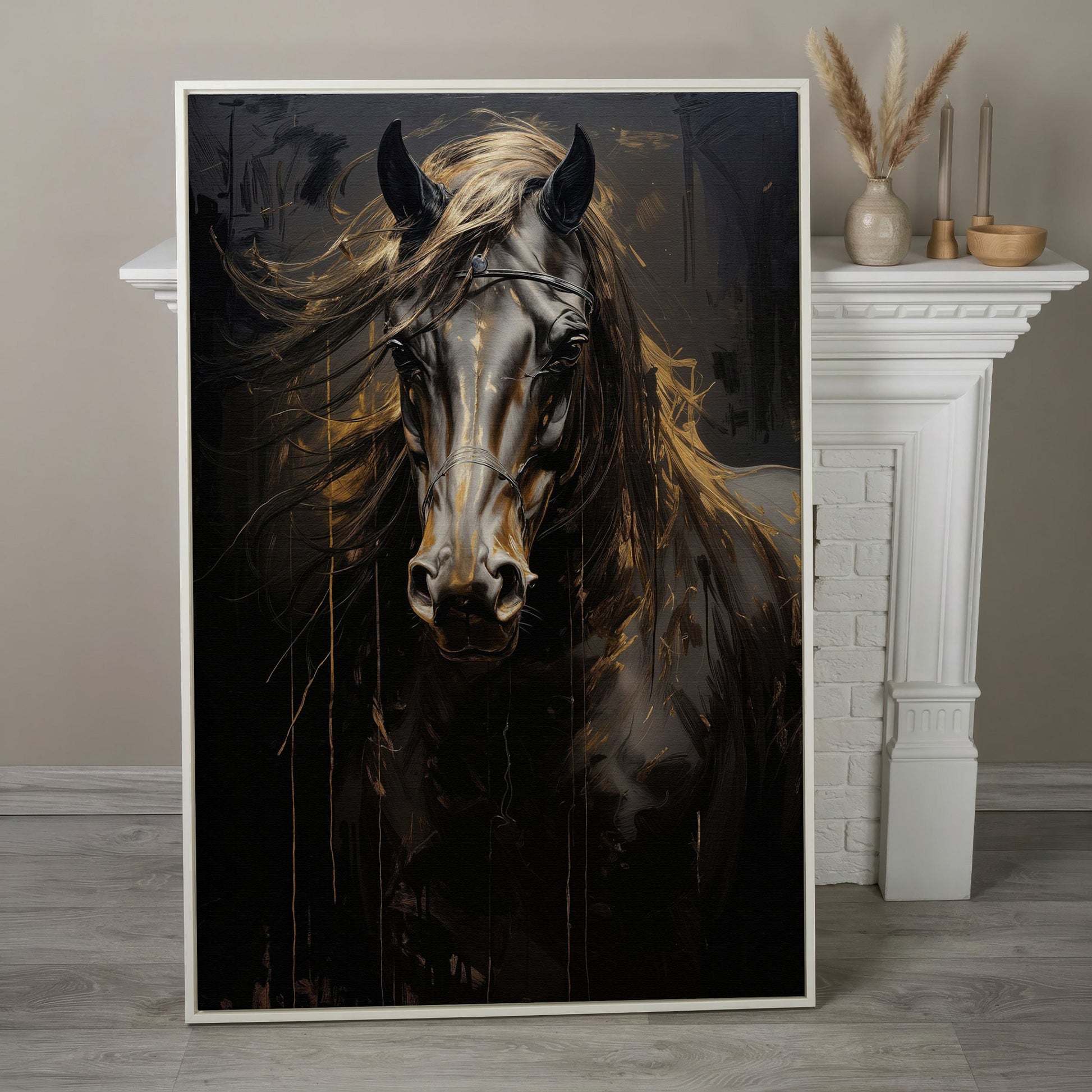 Black & Gold Horse Head Canvas Print in white floating frame