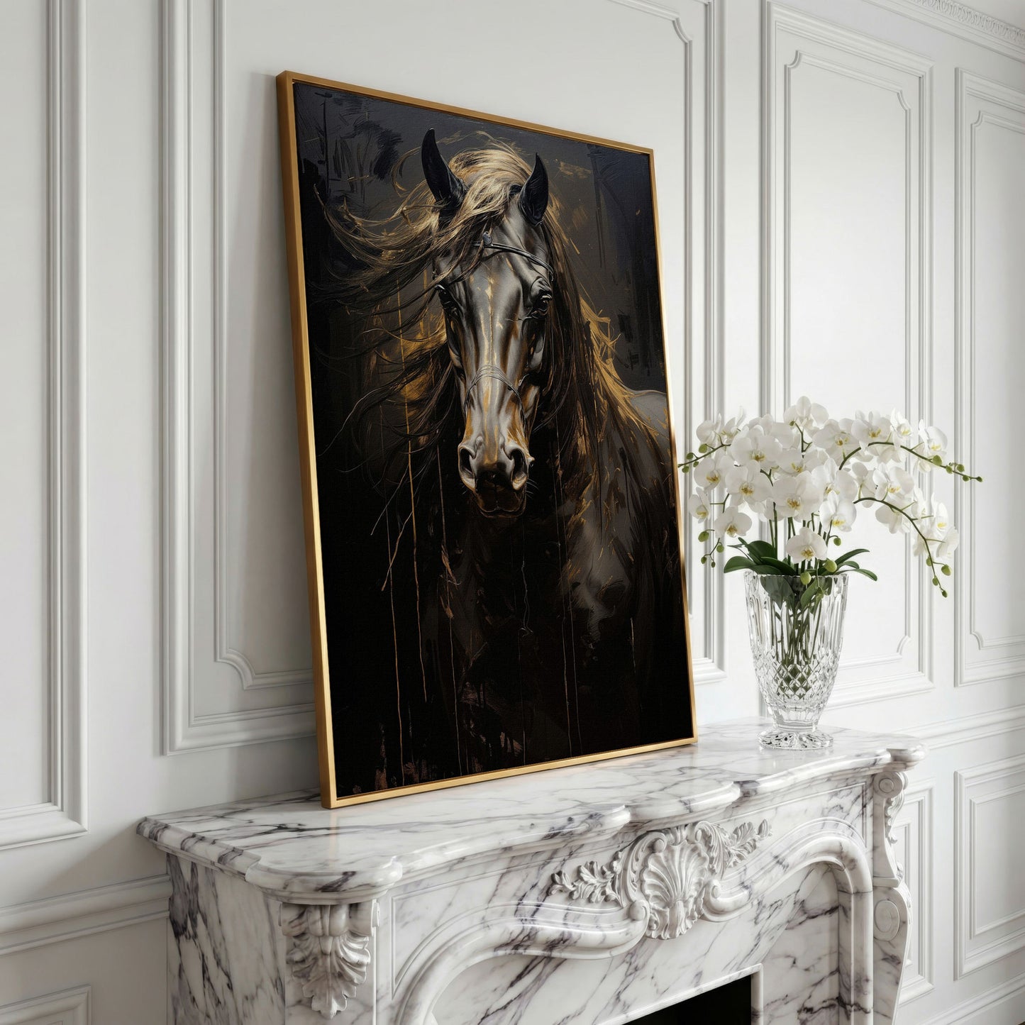 Black & Gold Horse Head Canvas Print in yellow gold floating frame